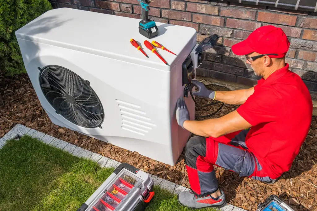 technician repairing heat pump unit